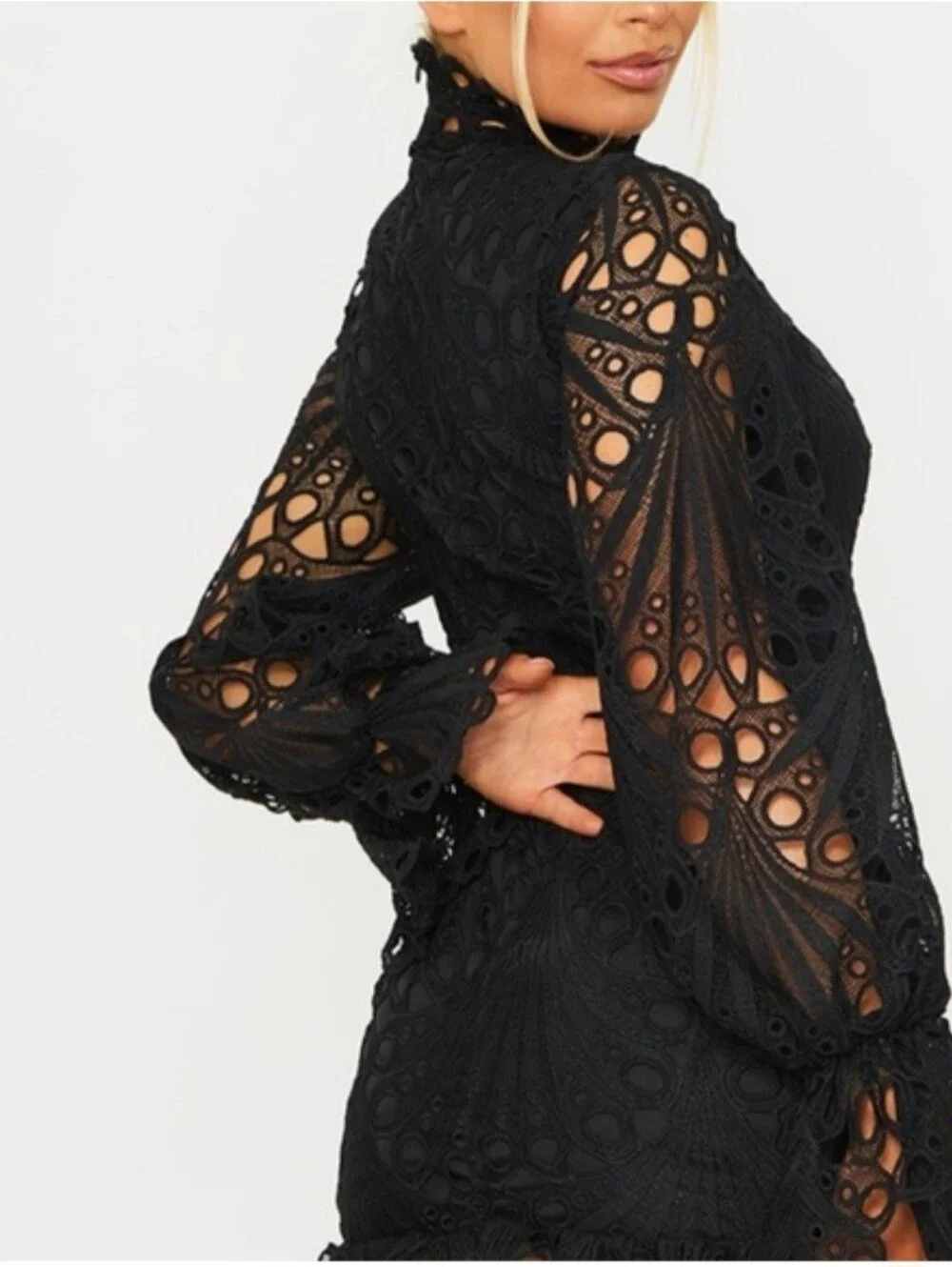 Pretty Little Things Size 6 Black High Neck Frill Body Con Mini Dress Cute!